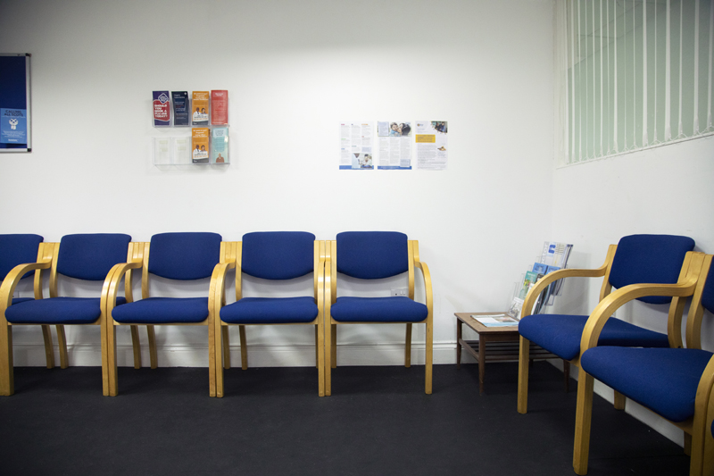Waiting room in Doctor Surgery film location in Canary Wharf.