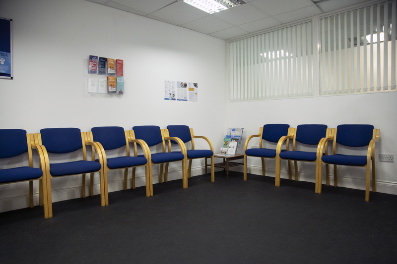 Waiting room in Doctor Surgery film location in Canary Wharf.